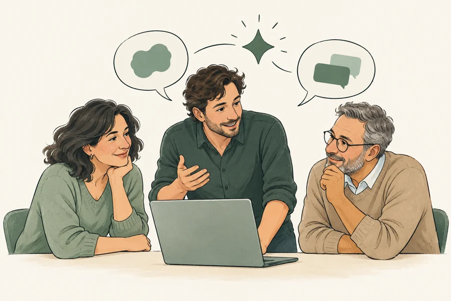 Un formateur accompagne une équipe dans ses usages de l’IA.