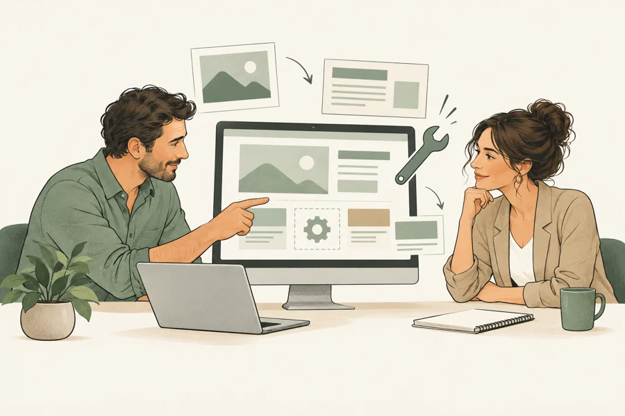 Une dirigeante et un consultant examinent un site à fiabiliser.