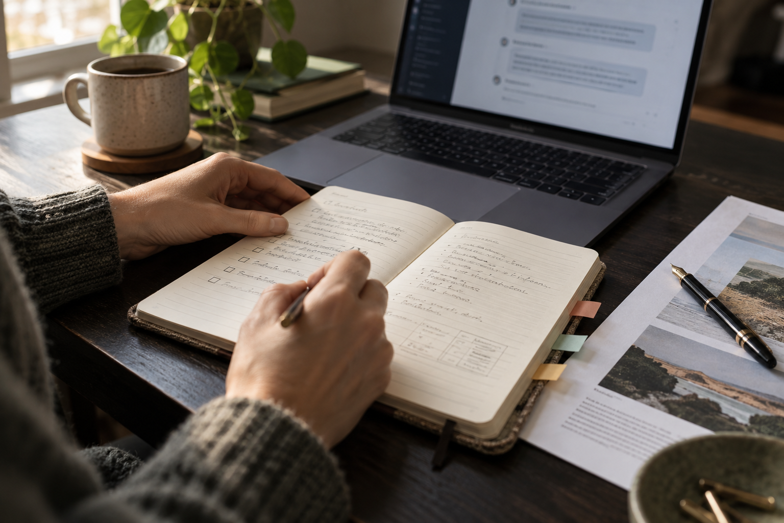 Une personne écrit dans un carnet à côté d’un ordinateur affichant une conversation et d’un document imprimé.