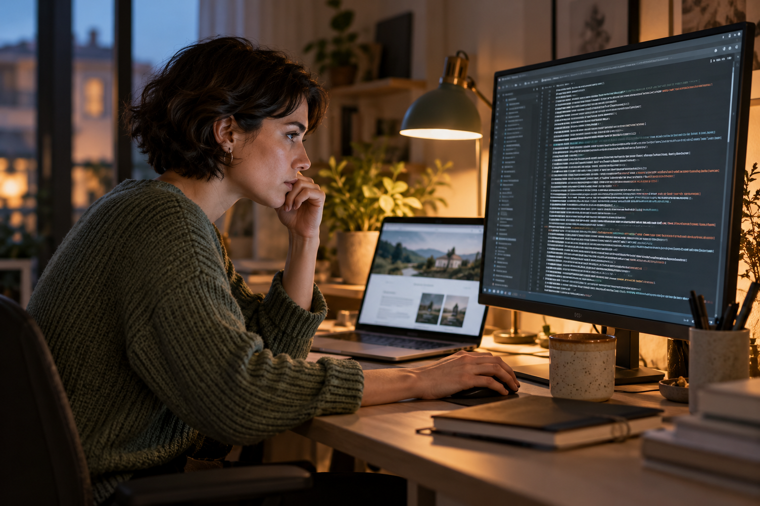 Une personne examine des lignes de code sur un grand écran, avec un ordinateur portable ouvert à ses côtés.