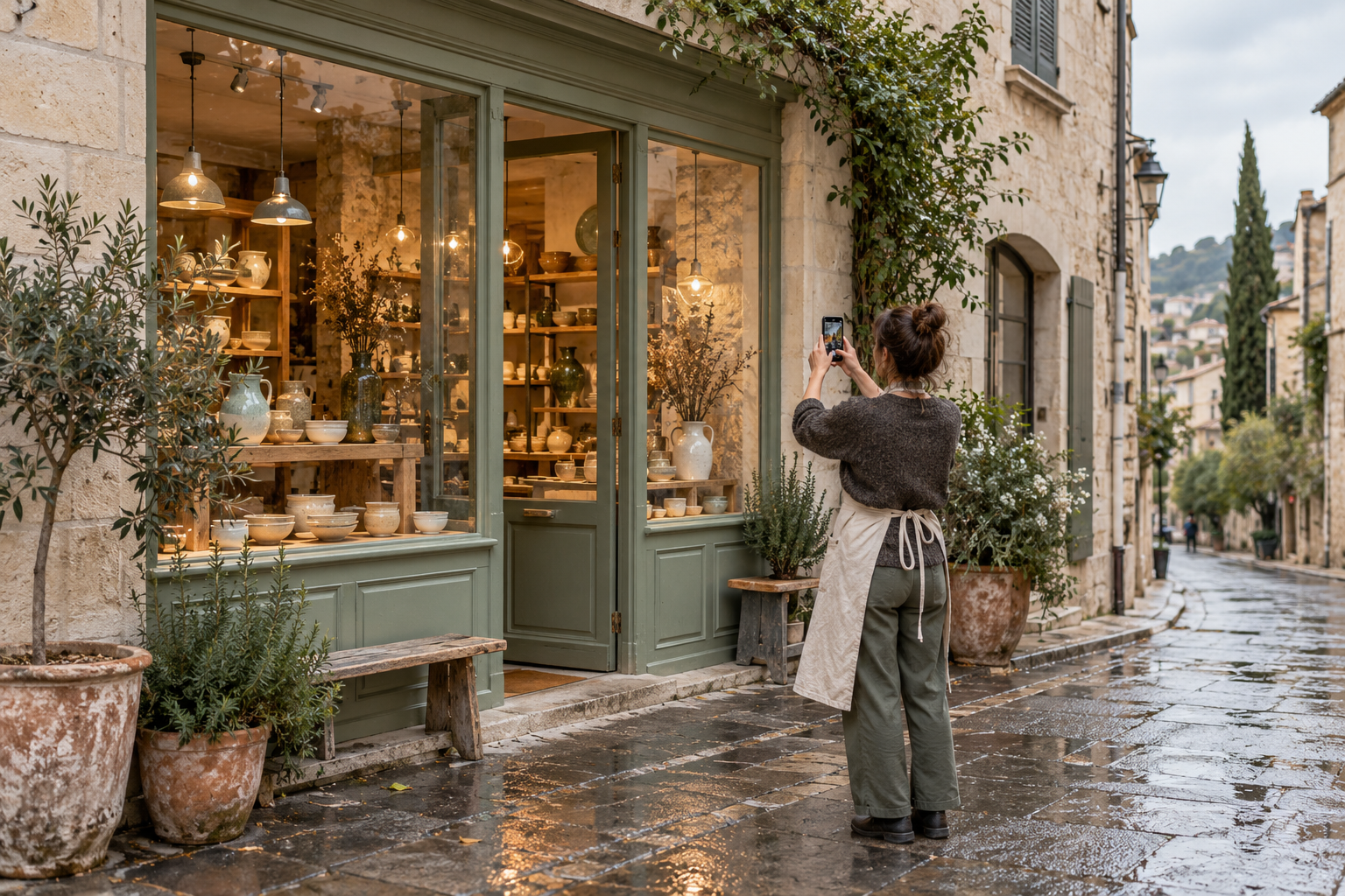Une personne photographie avec son téléphone la vitrine d’une boutique de céramique dans une rue pavée.