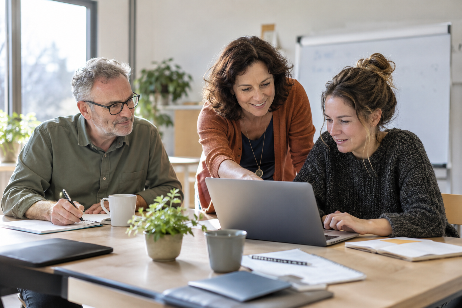 Trois adultes travaillent ensemble autour d’un ordinateur portable et prennent des notes.
