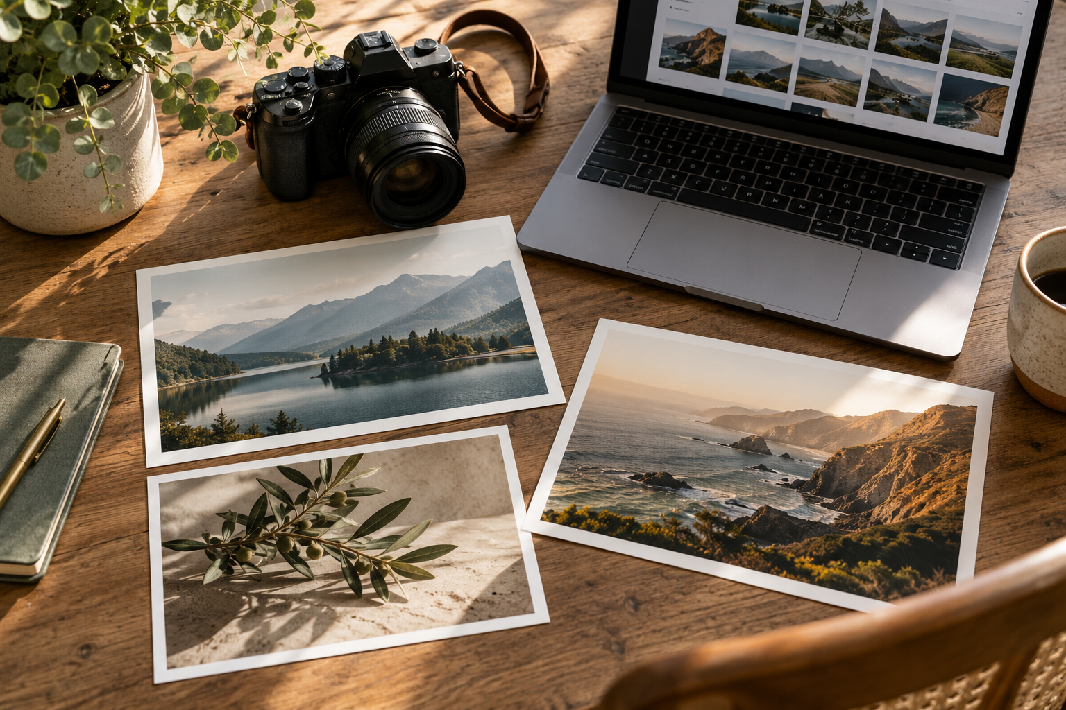 Des tirages de paysages, un appareil photo et un ordinateur affichant une galerie sont disposés sur une table.