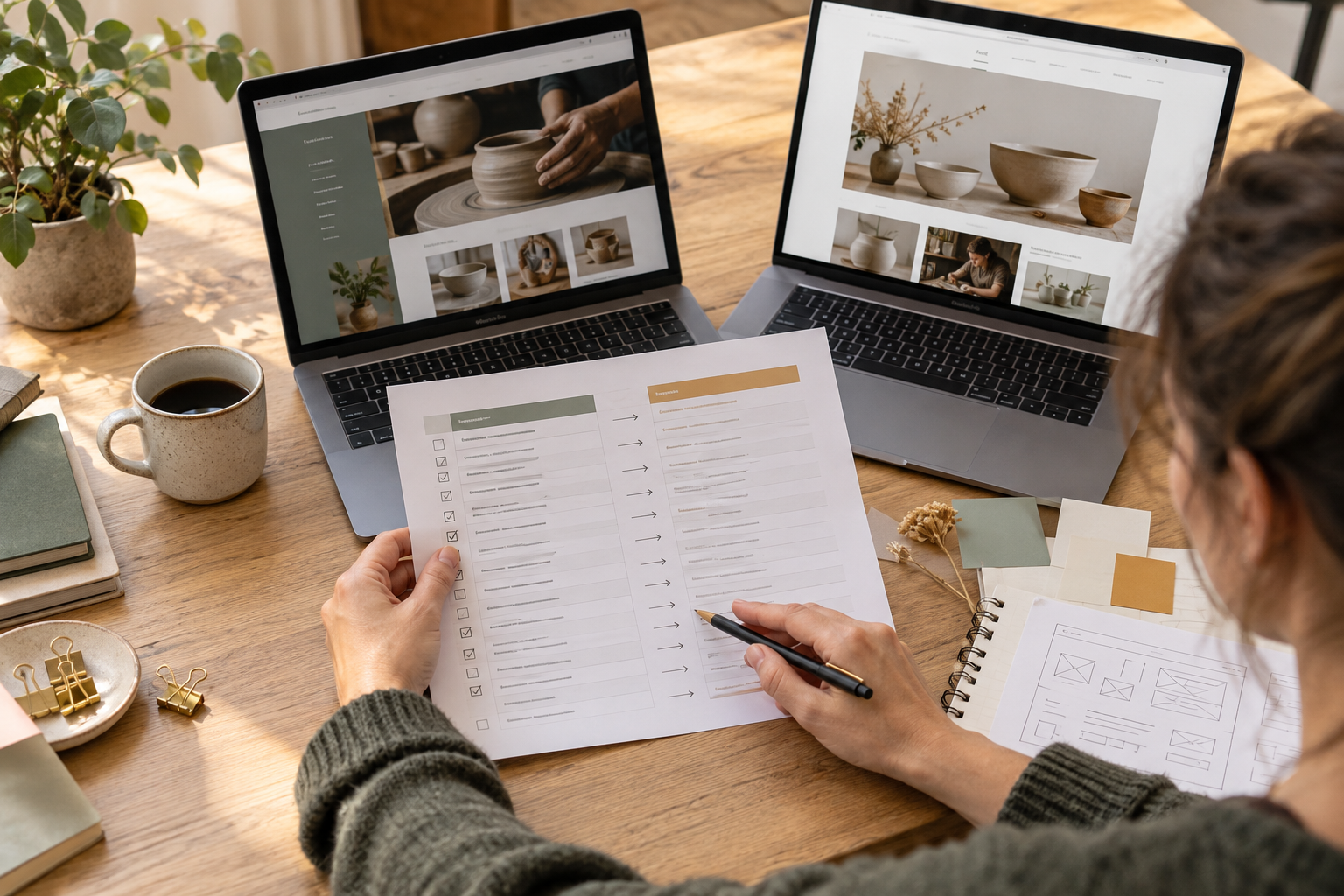 Deux ordinateurs portables présentent des pages de site tandis qu’une personne vérifie une liste sur papier.