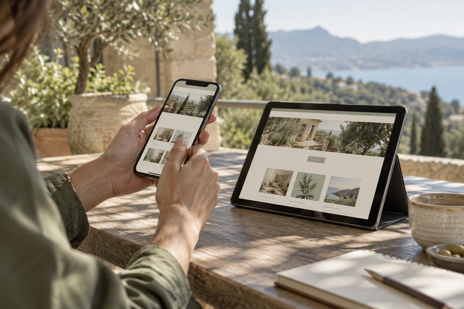 Une personne consulte un site sur un téléphone, à côté d’une tablette affichant une mise en page plus large.