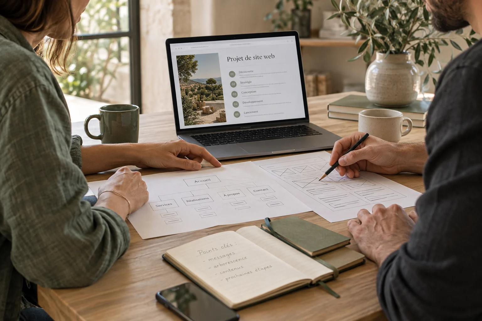 Conseil et cadrage de projet web Deux personnes examinent un plan de site, des notes et un ordinateur portable autour d’une table.