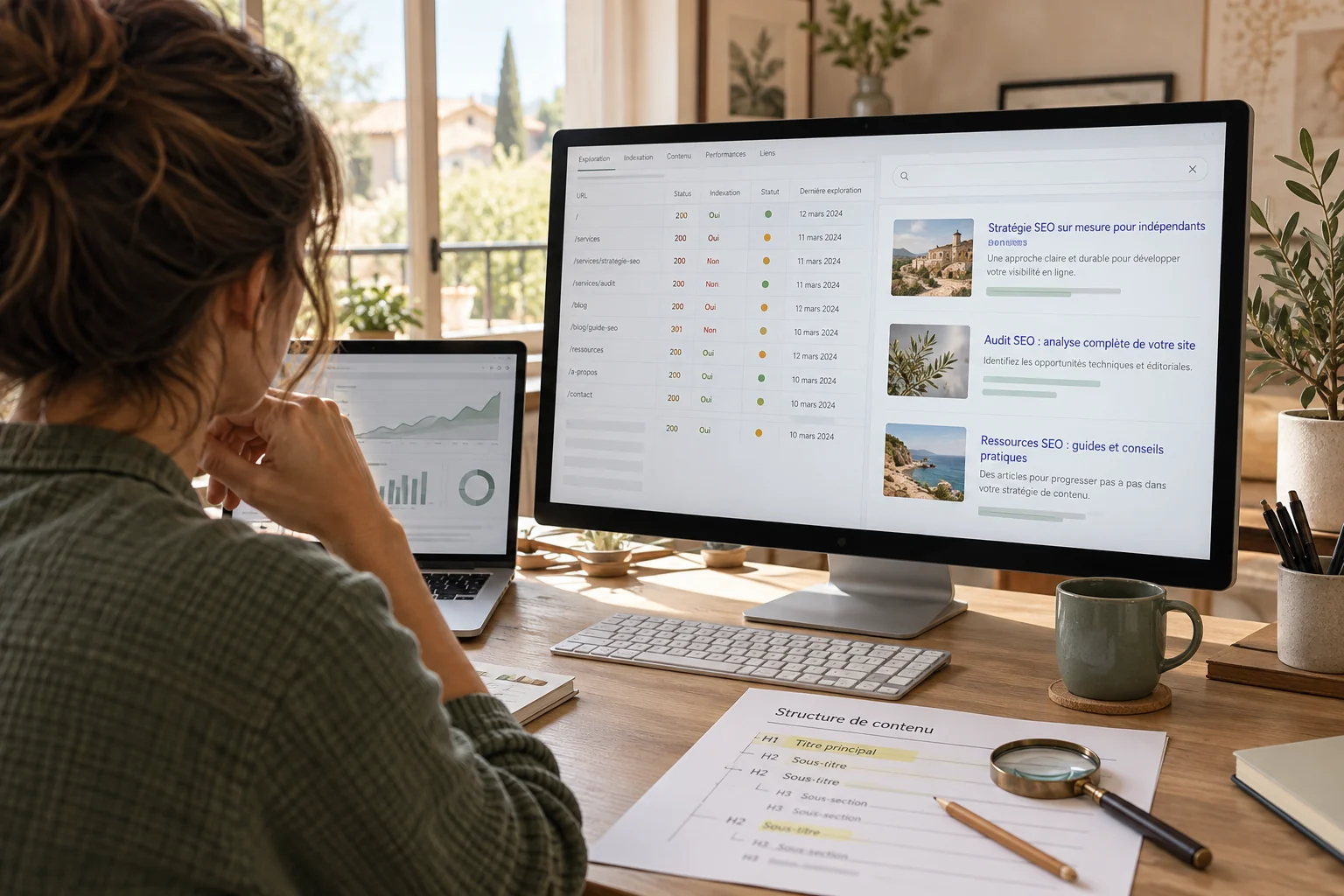 Analyse de visibilité et référencement Une personne examine des résultats de recherche sur un écran et des graphiques sur un ordinateur portable.