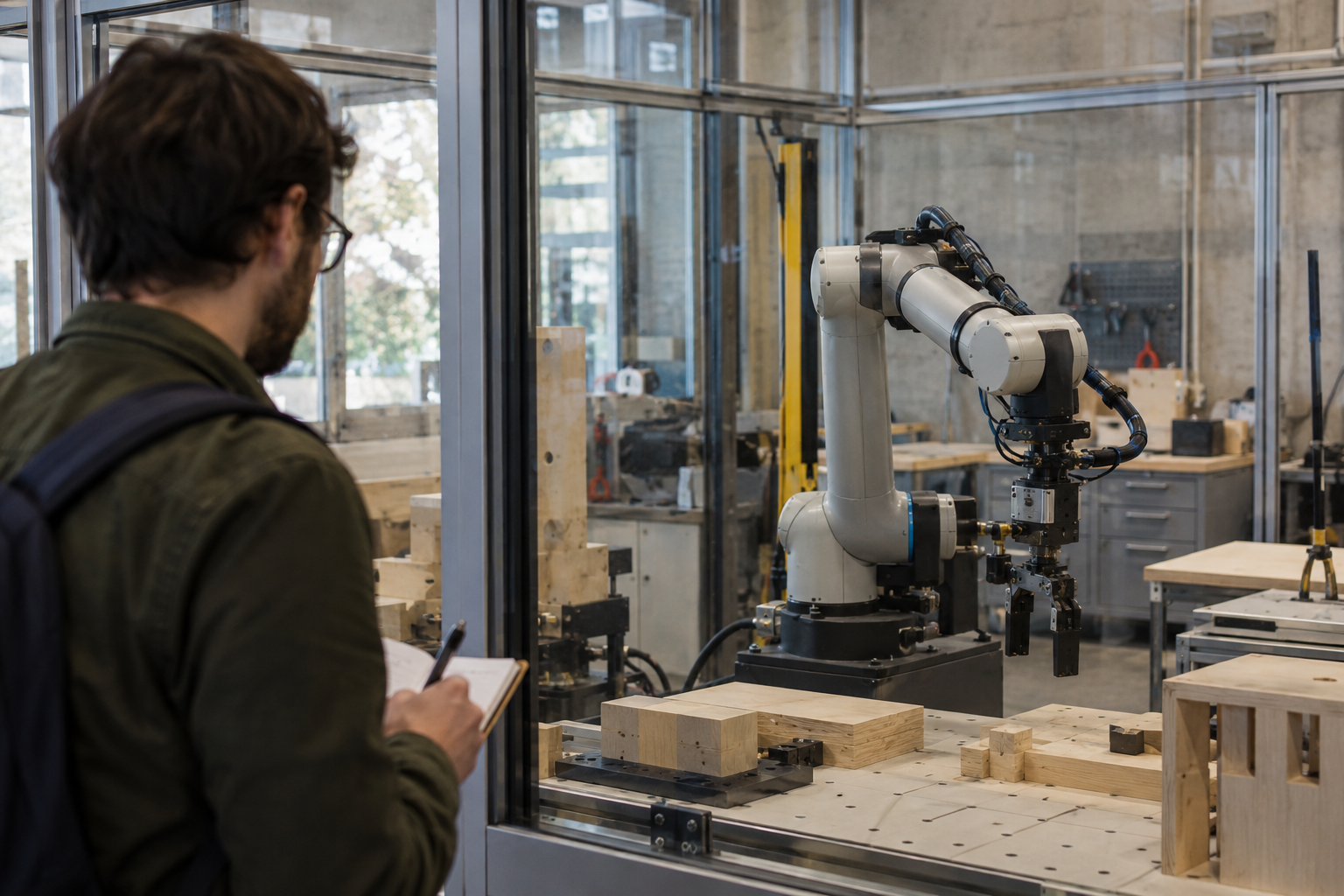 Un visiteur prend des notes devant un bras robotisé installé derrière une paroi vitrée.