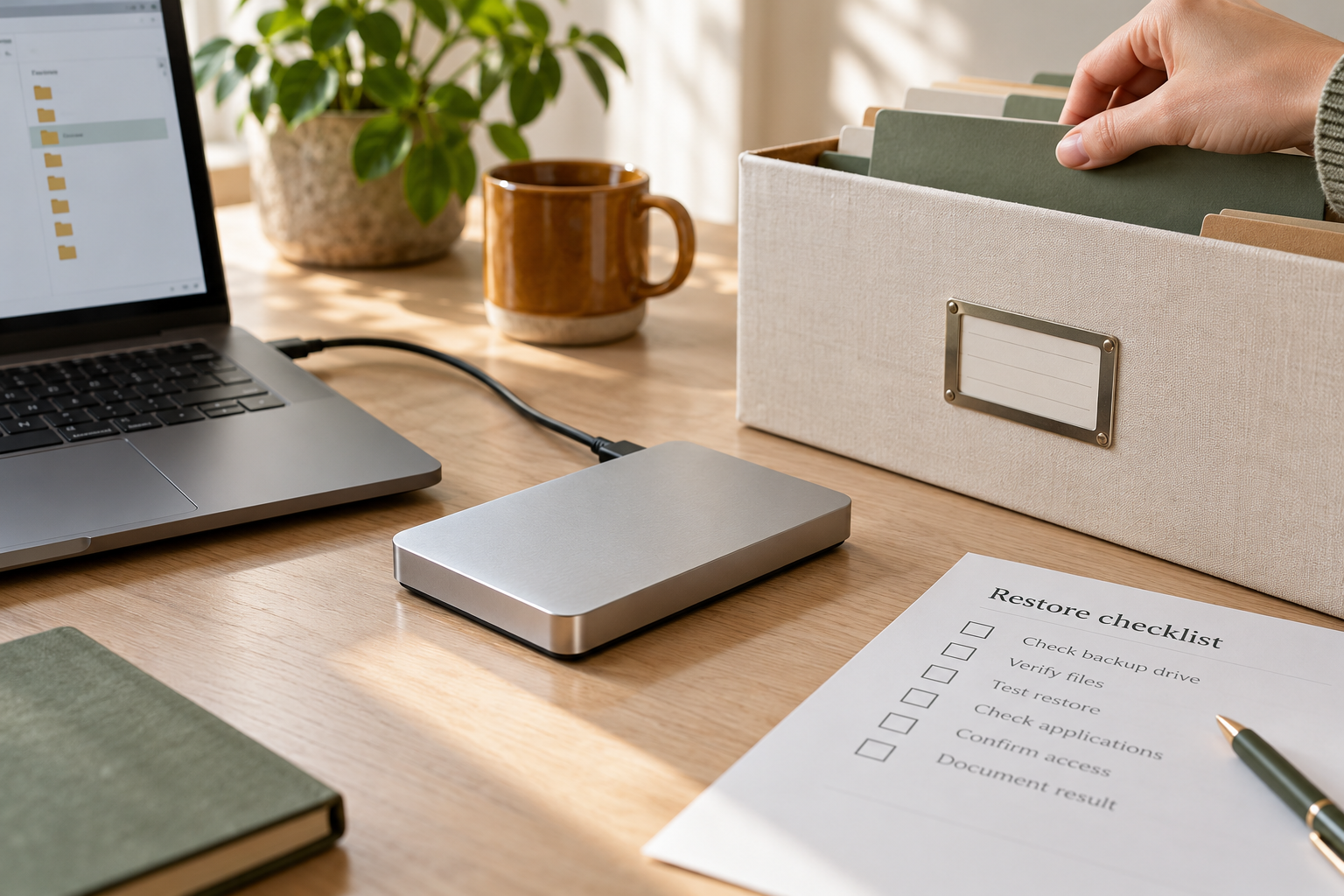 Un ordinateur portable, un disque externe, une boîte de classement et une liste de vérification sont disposés sur un bureau.