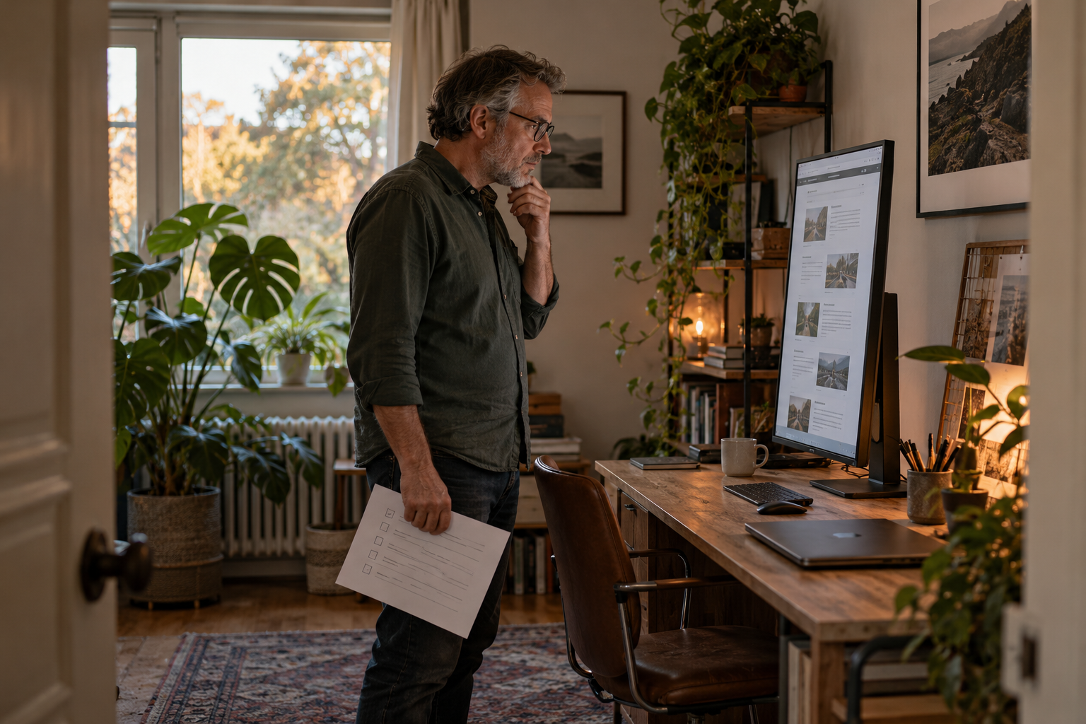 Un homme consulte un écran vertical affichant des pages web, avec une liste de vérification à la main.