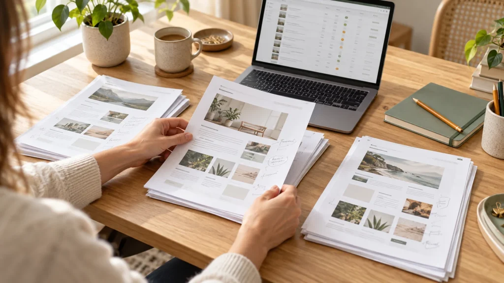 Des pages web imprimées sont comparées et triées sur un bureau devant un inventaire affiché sur ordinateur.