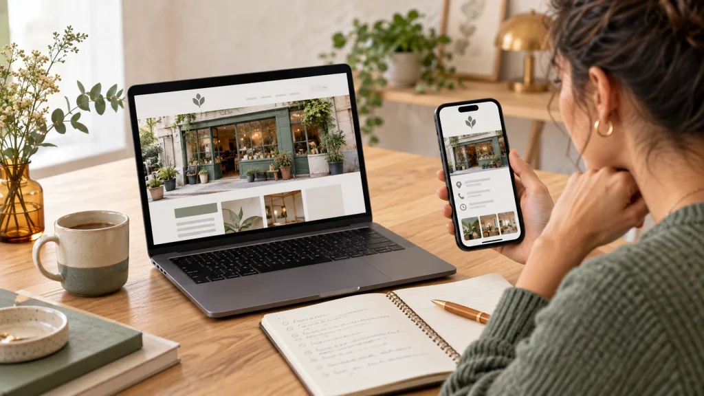 Une professionnelle compare le site d’un commerce sur ordinateur et sa présentation sur téléphone, carnet ouvert à côté.