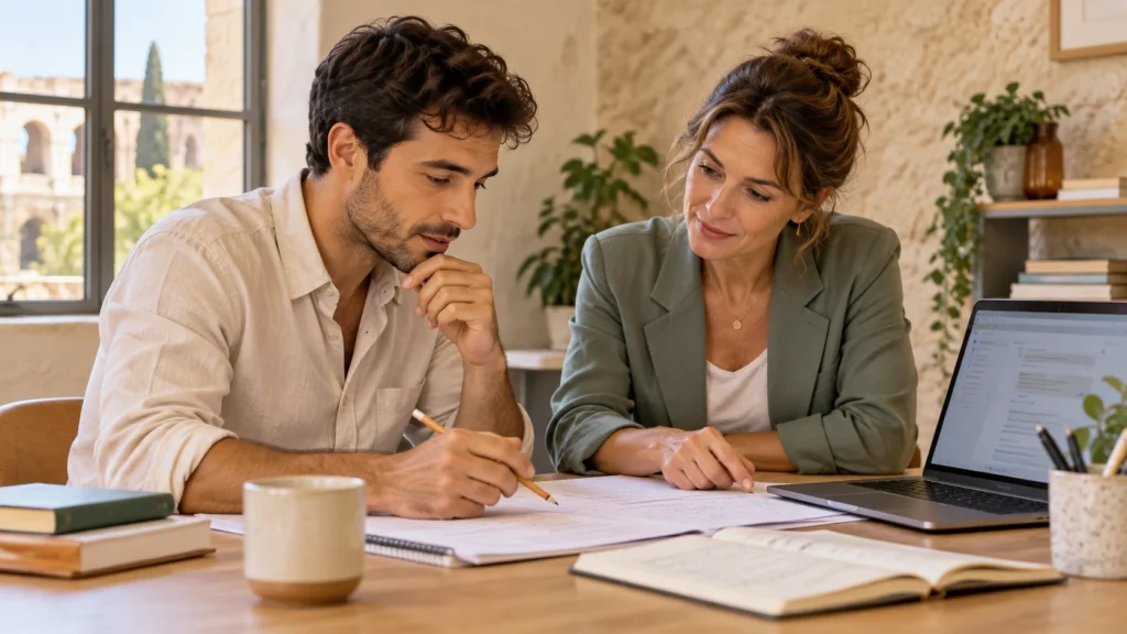 Une formatrice accompagne un adulte qui travaille un exercice sur papier, avec un assistant IA ouvert sur un ordinateur.