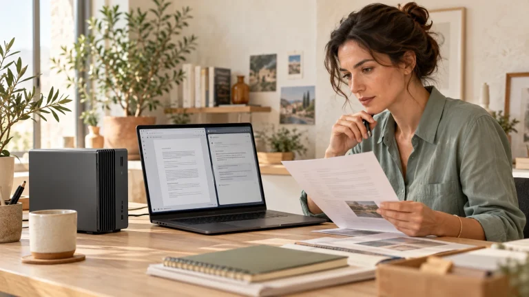Une professionnelle vérifie un document papier devant un assistant sur écran et une station de travail locale.