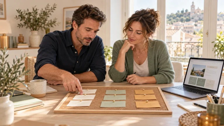 Deux professionnels regroupent des questions sur des cartes devant une maquette de page web affichée sur ordinateur.