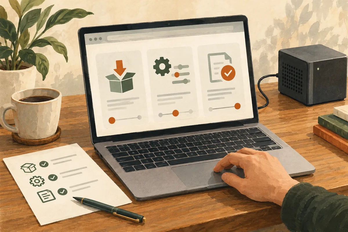 Ordinateur montrant des étapes de configuration, liste de contrôle et boîtier relié par un câble.