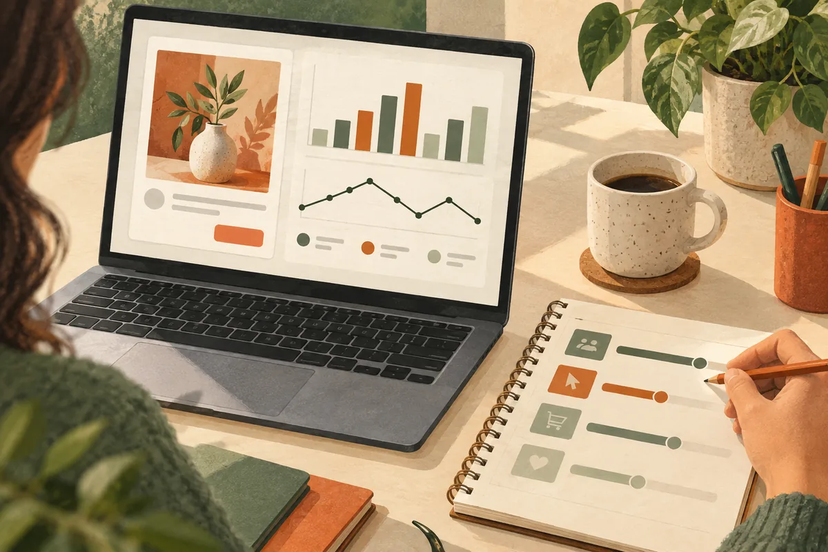Ordinateur avec aperçu publicitaire et graphiques, à côté d’un carnet de suivi des actions.